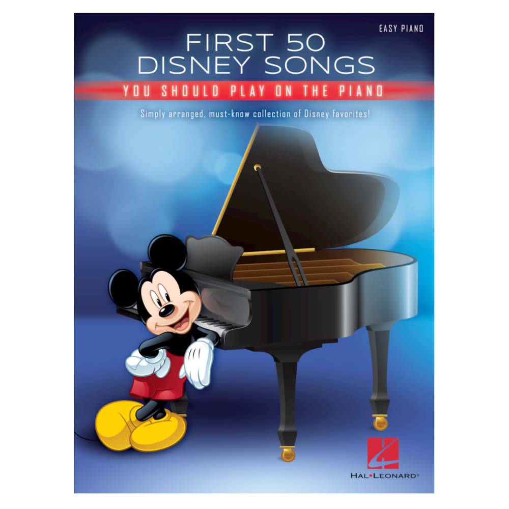 Open piano book titled "First 50 Disney Songs You Should Play on the Piano" by Hal Leonard, showing colorful sheet music pages.