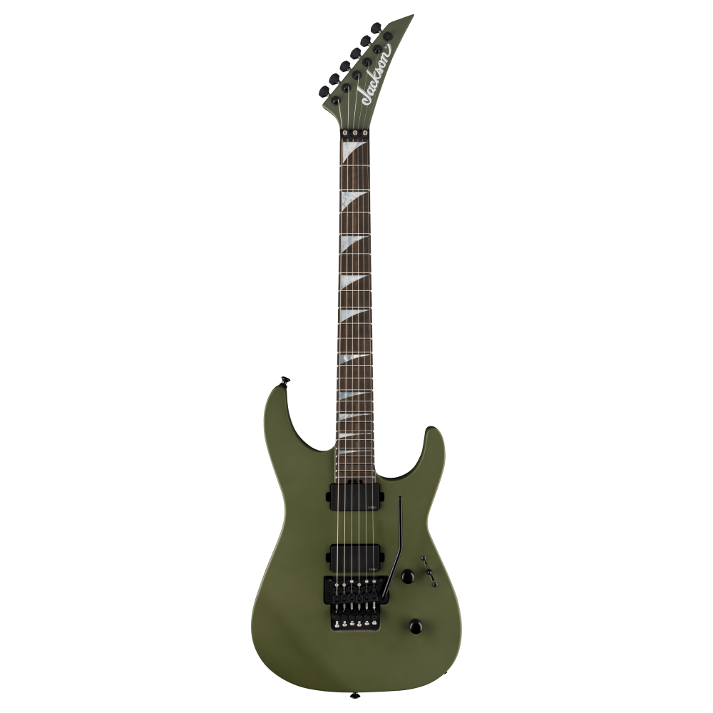 Jackson American Series Soloist SL2 MG electric guitar with matte Army Drab finish and ebony fingerboard, showcasing its sleek design.