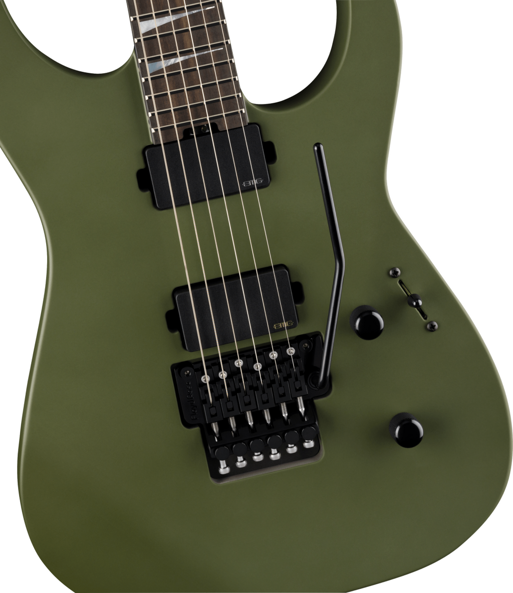 Jackson American Series Soloist SL2 MG electric guitar with matte Army Drab finish and ebony fingerboard, showcasing sleek design.