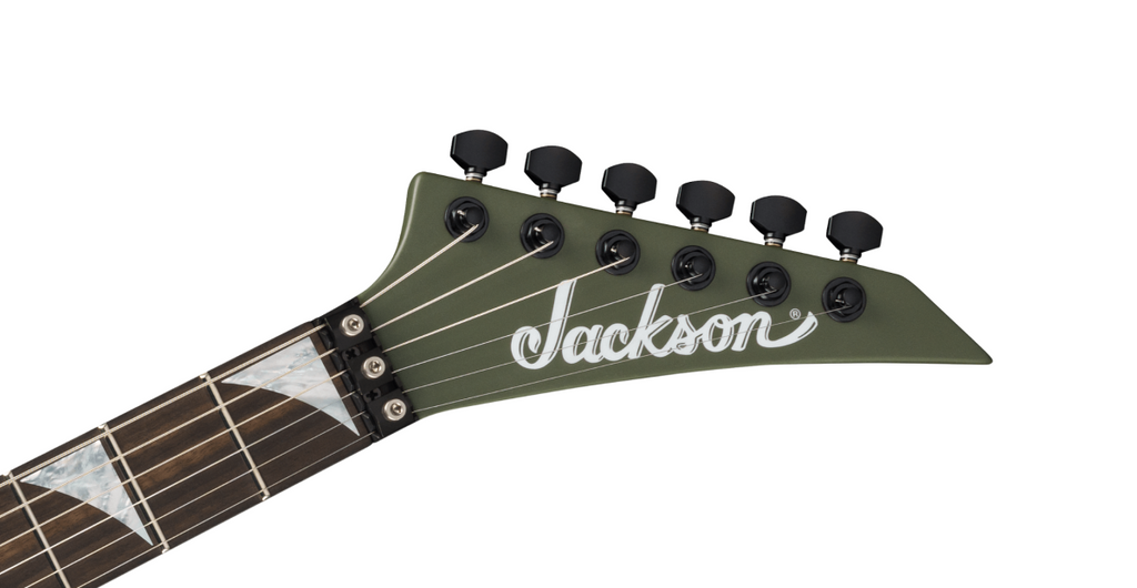 Jackson American Series Soloist SL2 MG electric guitar with matte Army Drab finish and ebony fingerboard, showcasing sleek, modern design.
