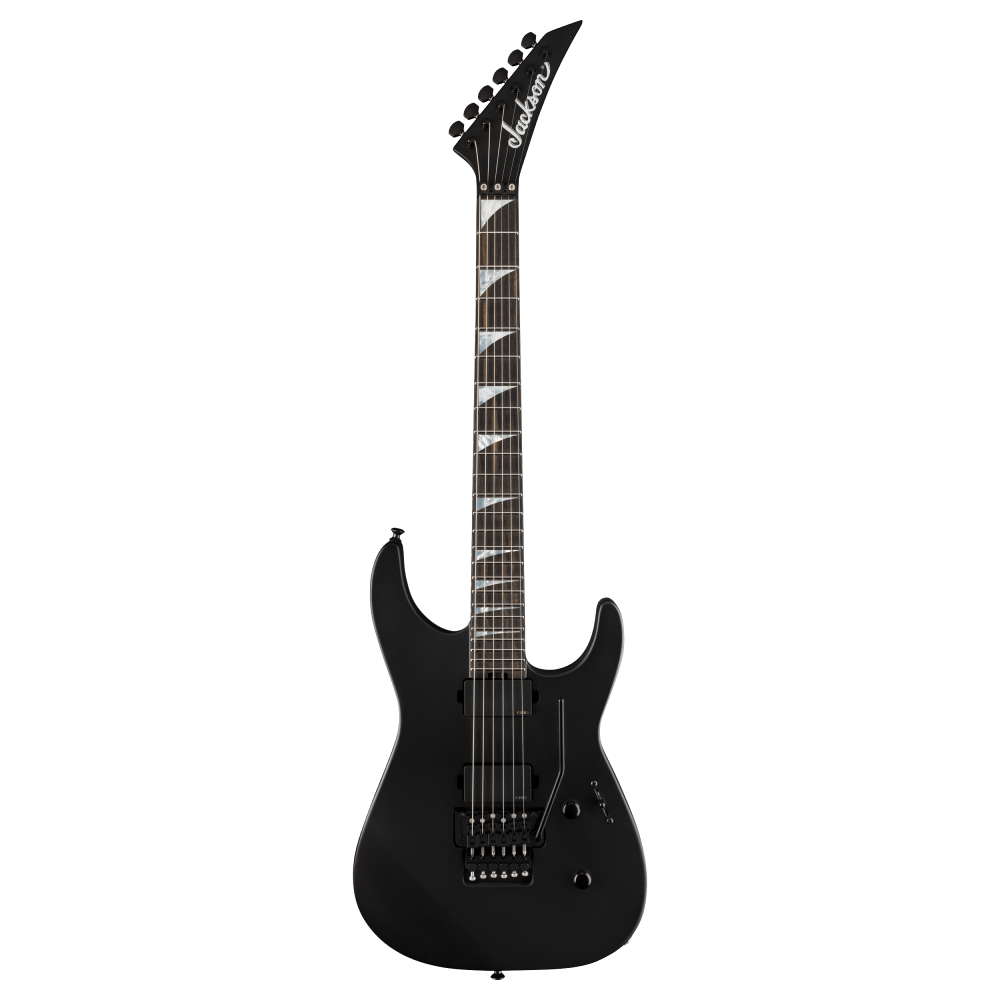 Jackson American Series Soloist SL2 MG electric guitar with ebony fingerboard in satin black, showcasing its sleek body and hardware.