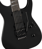 Jackson American Series Soloist SL2 MG electric guitar with ebony fretboard in satin black finish, showcasing its sleek body and hardware.