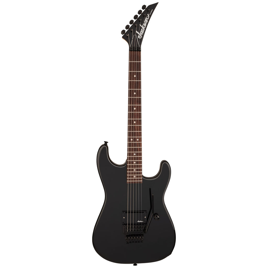 Jackson Pro Origins 1985 San Dimas SD1A H FR electric guitar with gloss black finish, rosewood fingerboard, and dual humbucking pickups.