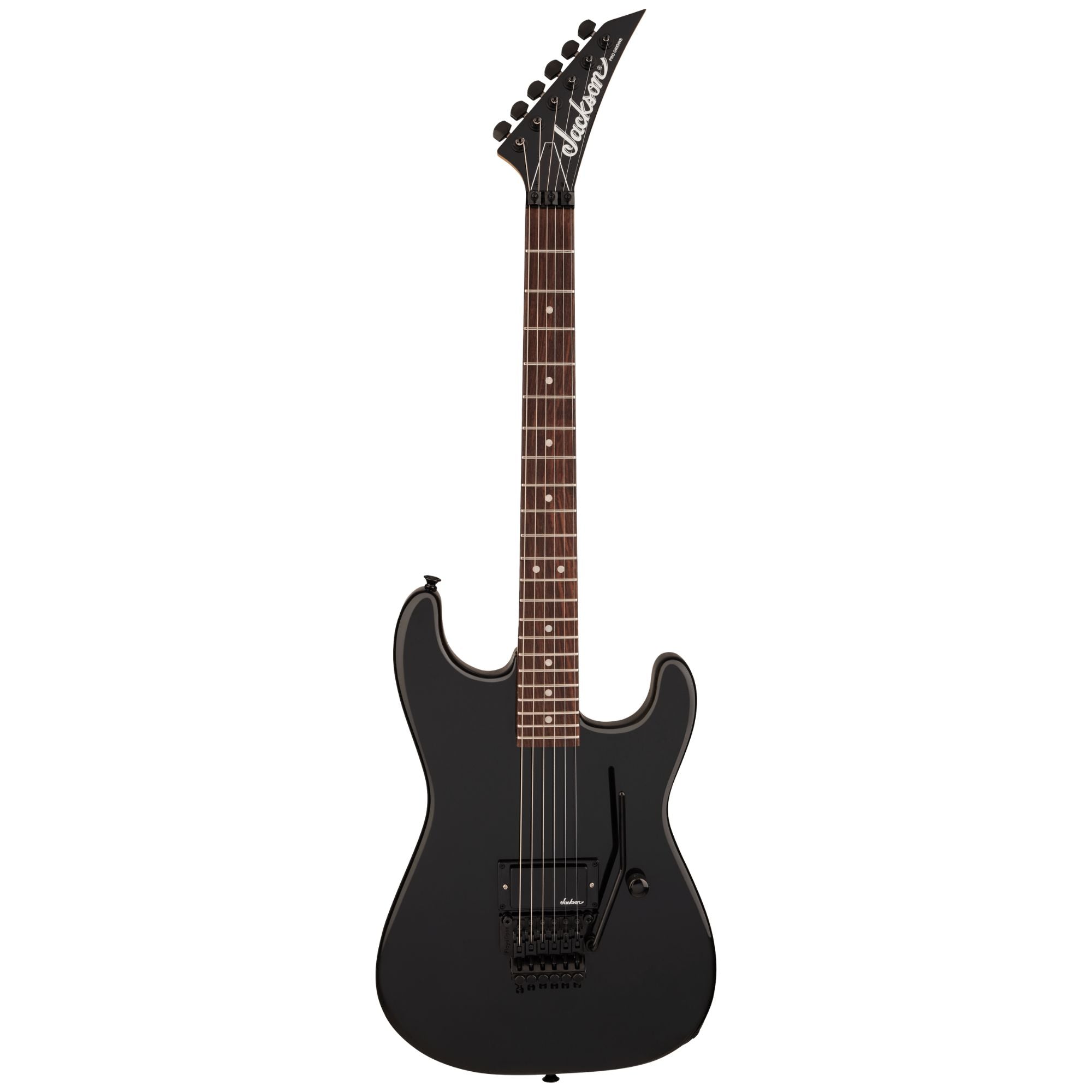 Jackson Pro Origins 1985 San Dimas SD1A H FR electric guitar with gloss black finish, rosewood fingerboard, and dual humbucking pickups.