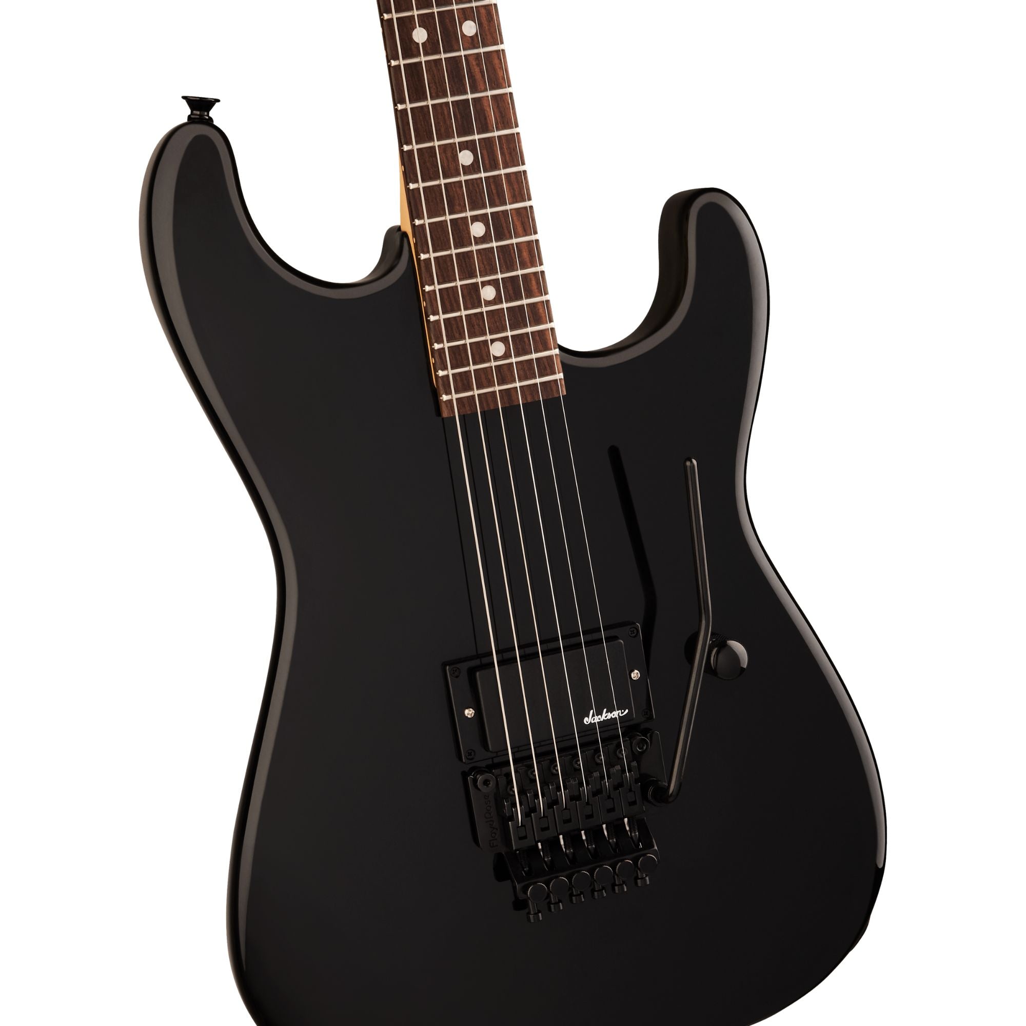 Jackson Pro Origins 1985 San Dimas SD1A H FR electric guitar with gloss black finish, rosewood fingerboard, and double-cutaway body.