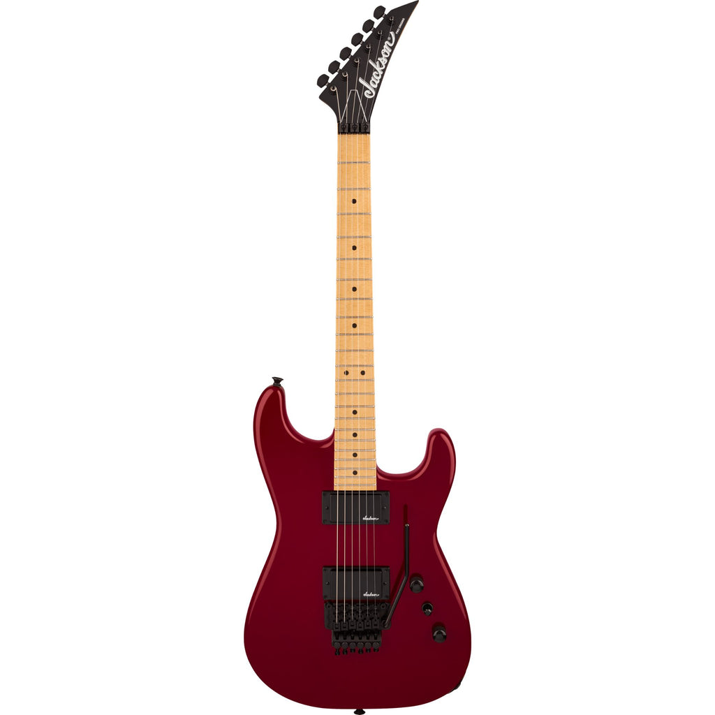 Jackson Pro Origins 1985 San Dimas SD1 HH electric guitar in Candy Apple Red with maple fingerboard and dual humbucking pickups.