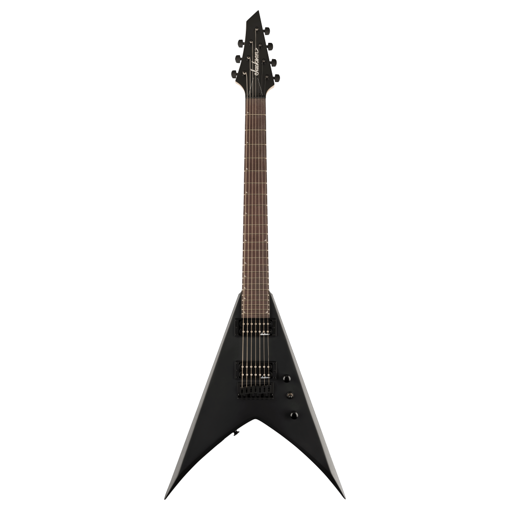Jackson JS Series King V JS22-7 KV HT electric guitar in satin black, featuring a sleek V-shaped body and dual humbucker pickups.