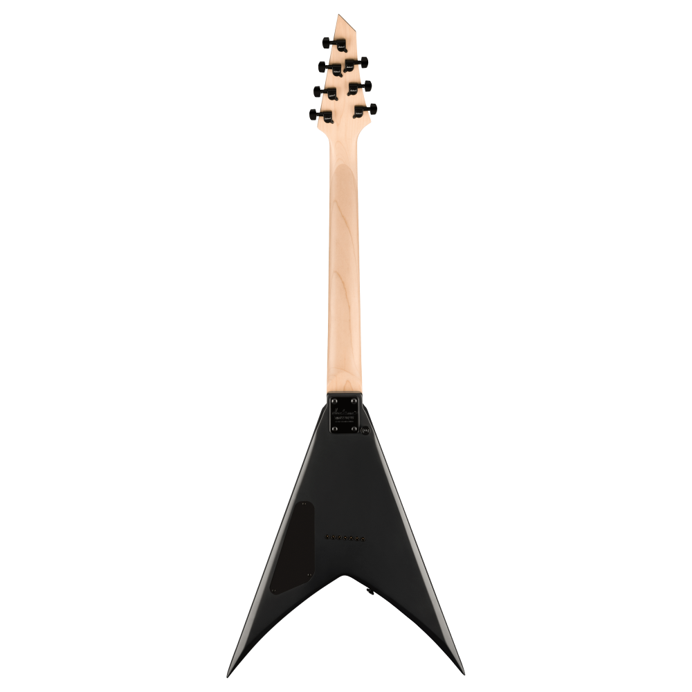 Jackson JS22-7 King V electric guitar in satin black with dual humbucker pickups and V-shaped body design.