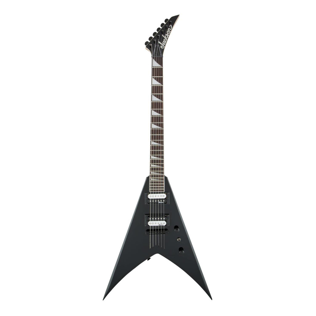 Jackson JS32T King V electric guitar with amaranth fingerboard in glossy black finish, showcasing its sleek body and pointed headstock.