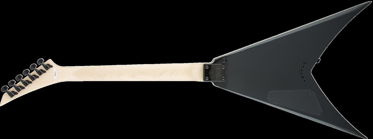 Jackson JS32T King V electric guitar with amaranth fingerboard in gloss black, showcasing its sleek body and headstock design.