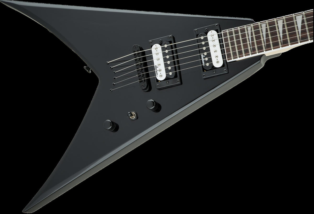Jackson JS32T King V electric guitar with amaranth fingerboard in gloss black, showcasing the sleek body and detailed hardware.