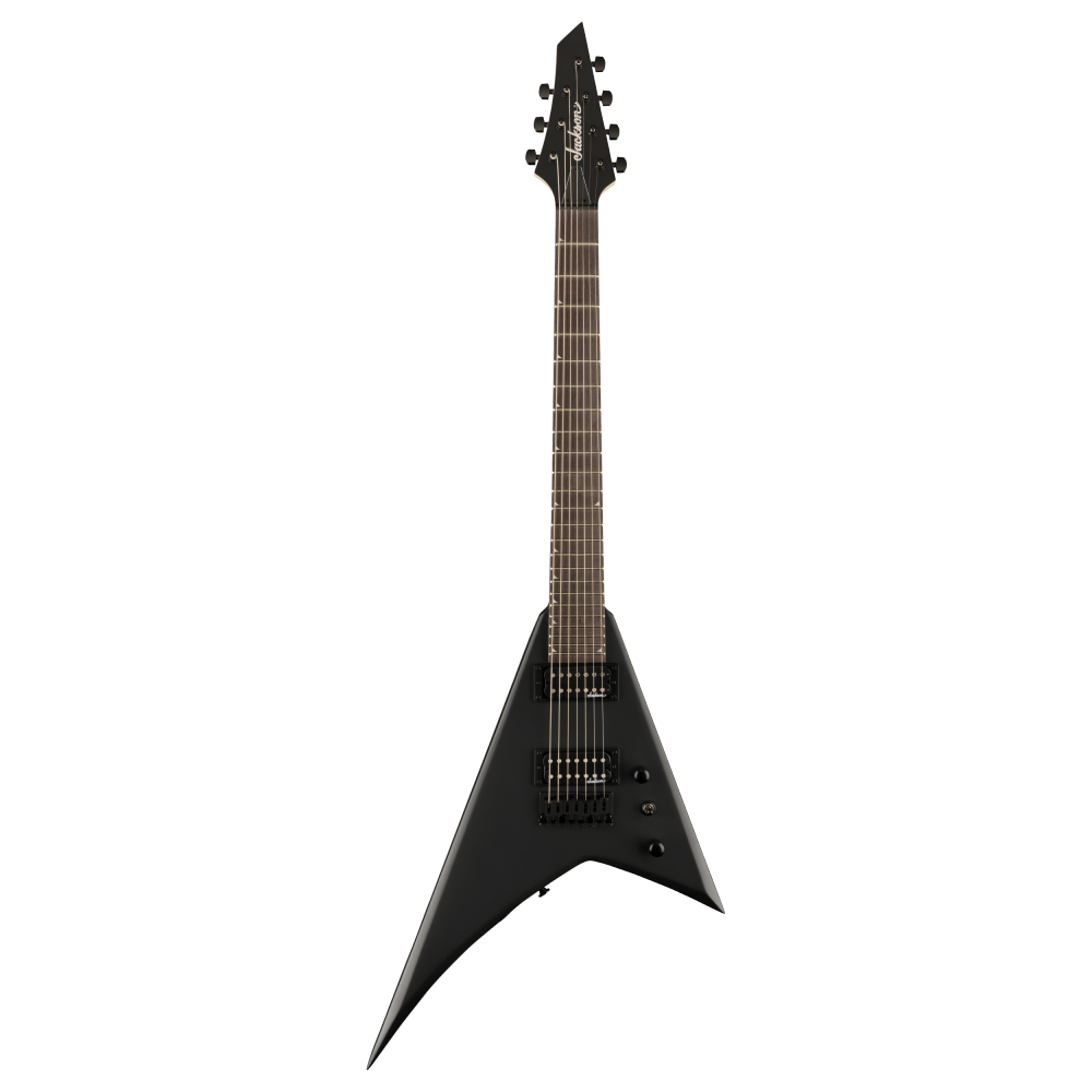Jackson JS Rhoads JS22-7 RR HT satin black electric guitar with pointed body and dual humbucker pickups, shown from a side angle.