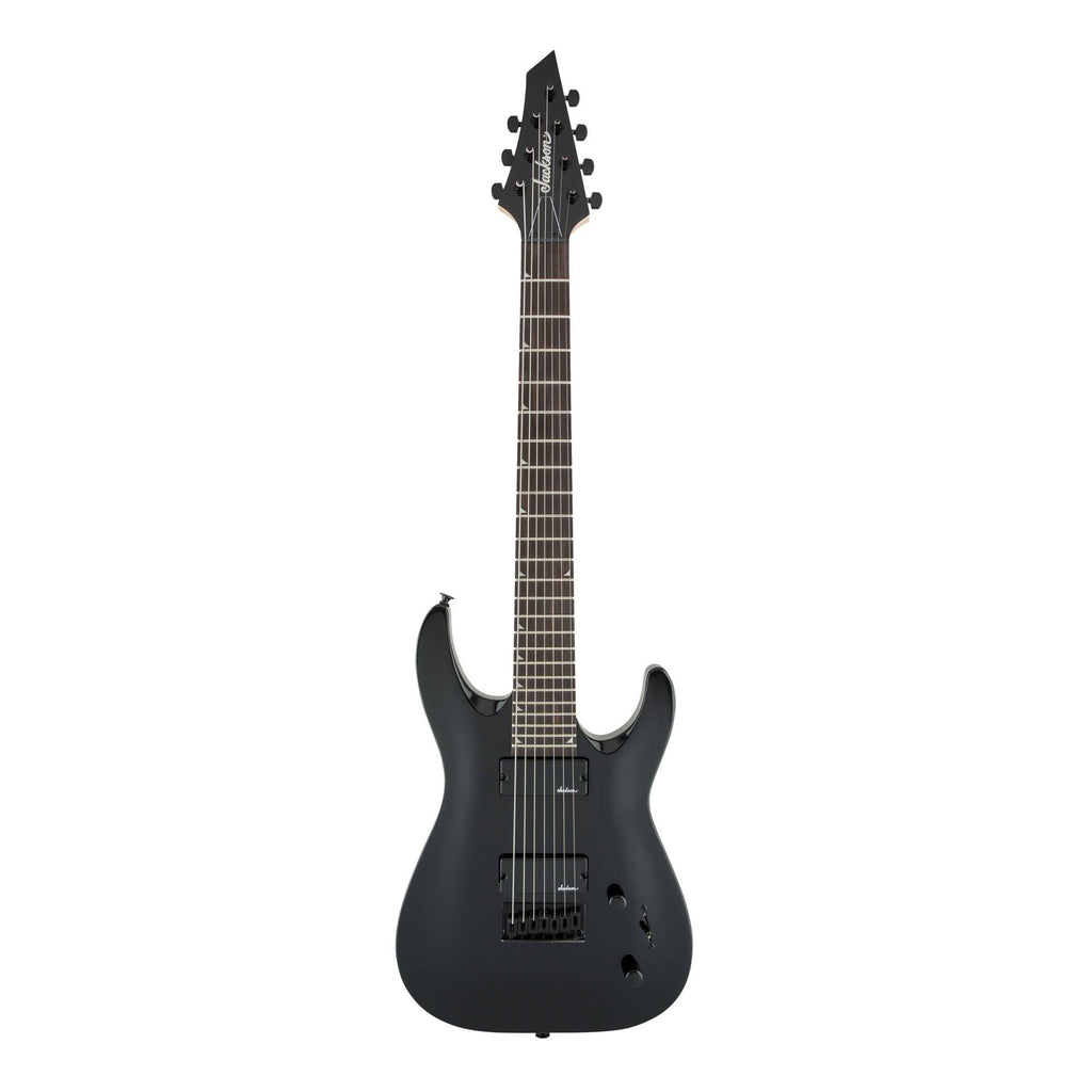 Jackson JS22-7 Dinky 7-string electric guitar with black gloss finish and amaranth fingerboard, showcasing sleek guitar body and neck.