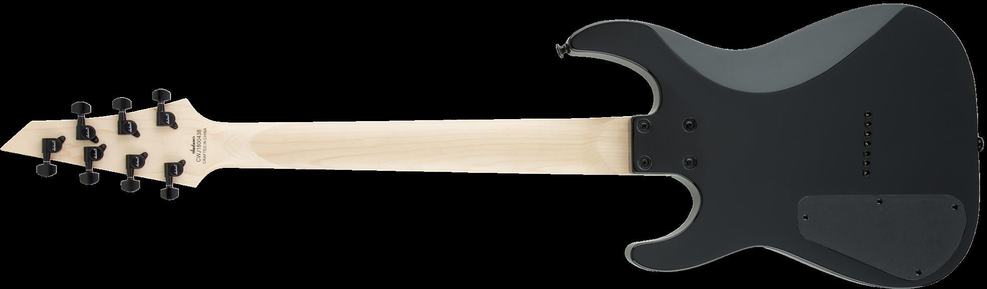 Jackson JS22-7 Dinky 7-string electric guitar with gloss black finish and amaranth fingerboard, shown in a close-up shot.