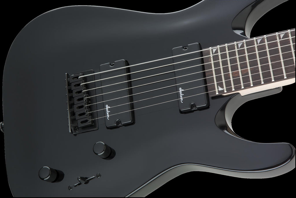 Jackson JS22-7 Dinky 7-string electric guitar with gloss black finish and amaranth fingerboard, showcasing the sleek body and headstock.