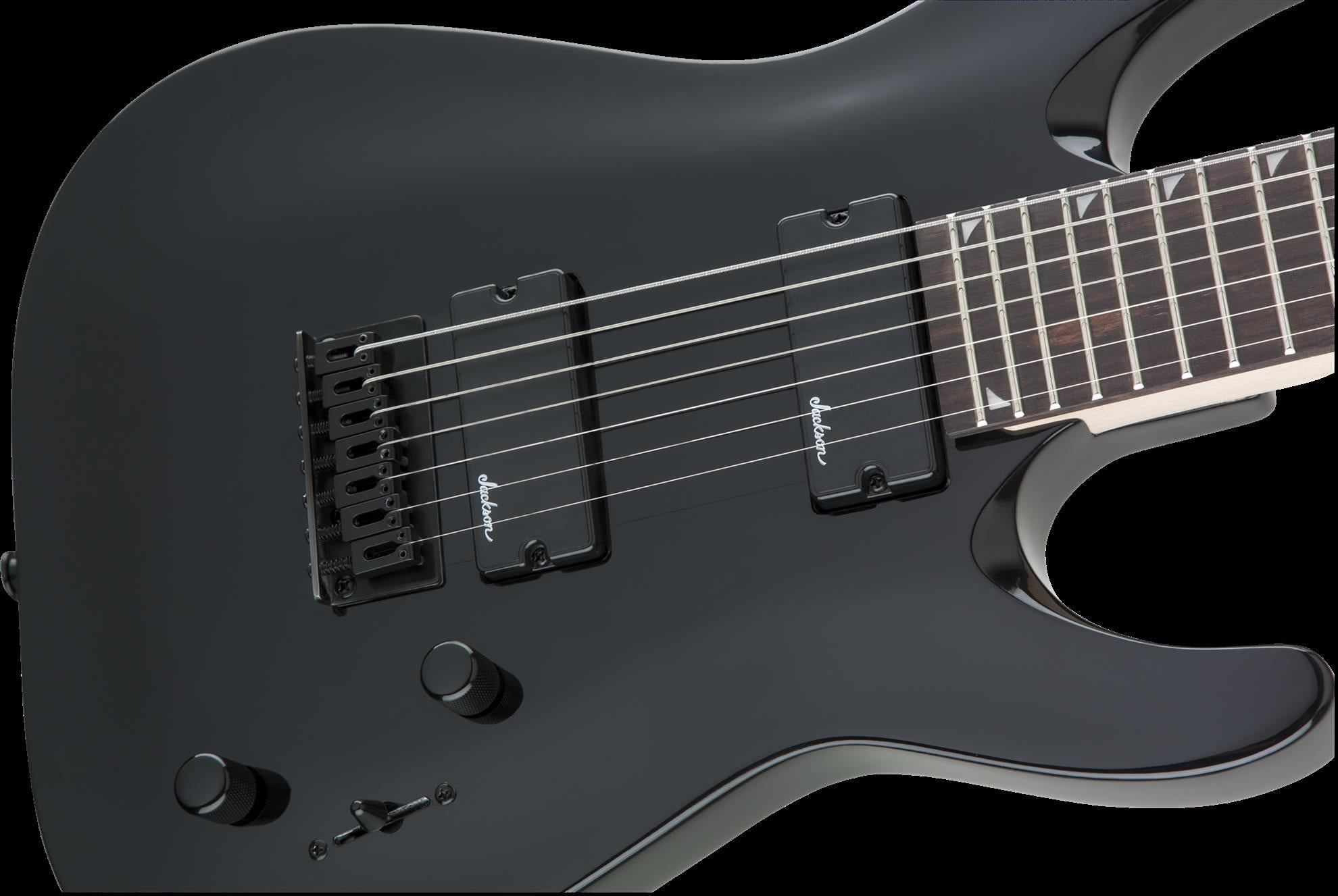 Jackson JS22-7 Dinky 7-string electric guitar with gloss black finish and amaranth fingerboard, showcasing the sleek body and headstock.