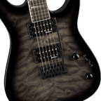 Jackson JS Series Dinky JS20 DKQ electric guitar with transparent black finish and amaranth fingerboard, showcasing sleek body and hardware.