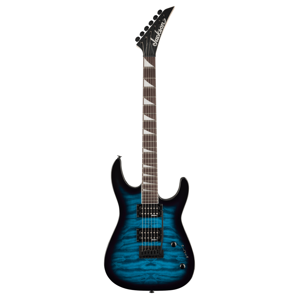 Jackson JS Series Dinky JS20 DKQ electric guitar in Trans Blue Burst with double cutaway body and chrome hardware.