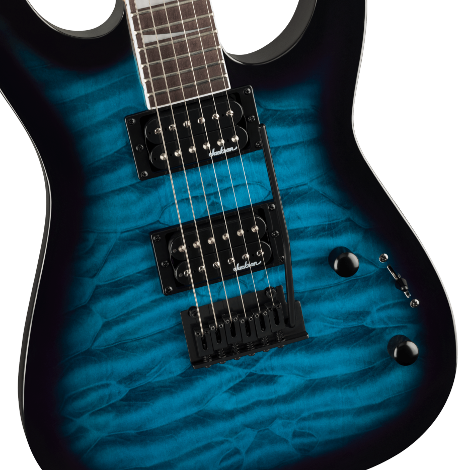 Jackson JS Series Dinky JS20 DKQ electric guitar in trans blue burst with a sleek double-cutaway body and black hardware.