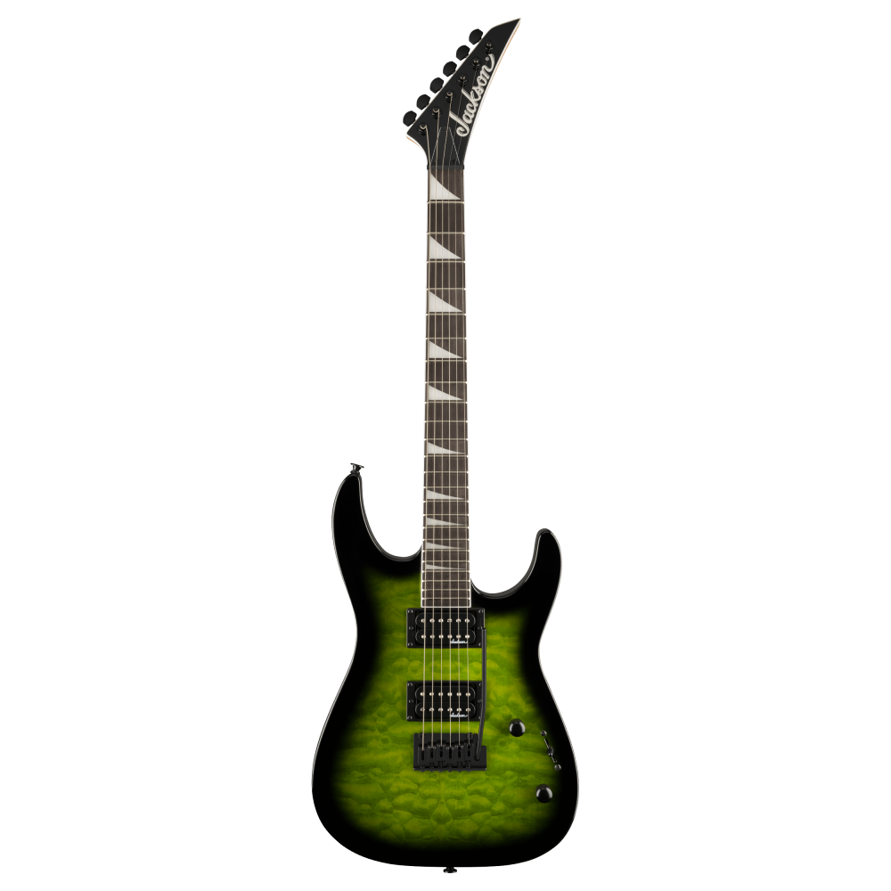 Jackson JS Series Dinky JS20 DKQ electric guitar in transparent green burst, showing the sleek body and maple neck.