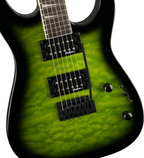Jackson JS Series Dinky JS20 DKQ electric guitar in transparent green burst with double cutaway body and maple neck.