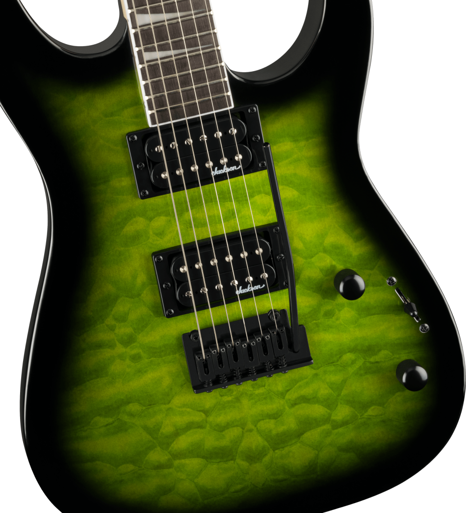 Jackson JS Series Dinky JS20 DKQ electric guitar in transparent green burst with double cutaway body and maple neck.