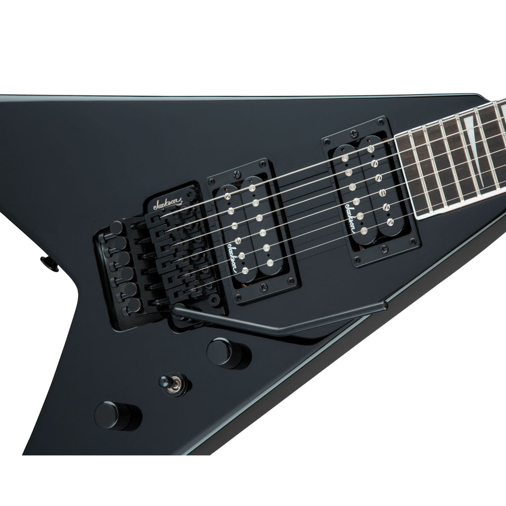 Jackson JS Series King V JS32 electric guitar with amaranth fingerboard in glossy black finish, showcasing its sleek, angular design.