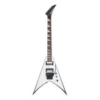 Jackson JS Series King V JS32 electric guitar with amaranth fingerboard in white with black bevels, showcasing its sleek, angular design.