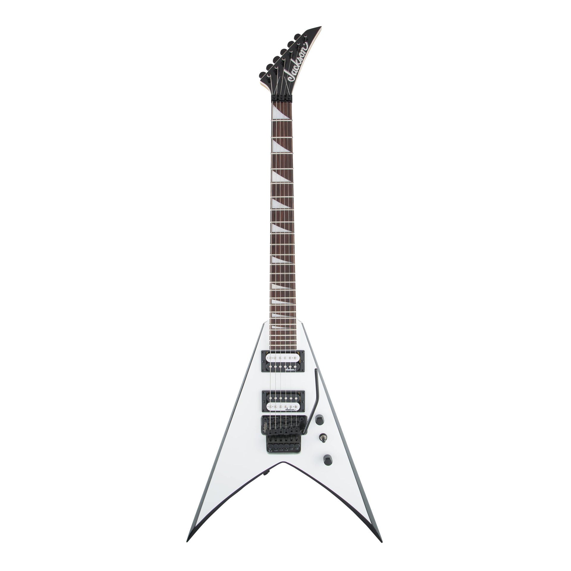 Jackson JS Series King V JS32 electric guitar with amaranth fingerboard in white with black bevels, showcasing its sleek, angular design.