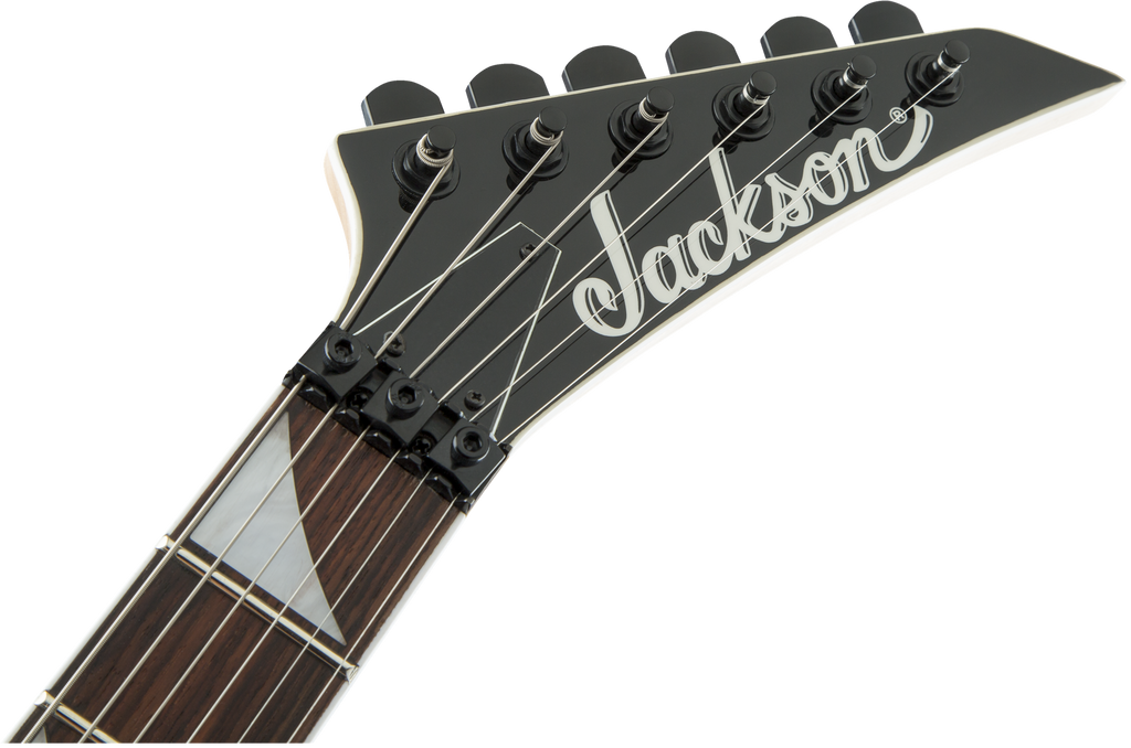 Jackson JS Series King V JS32 electric guitar with amaranth fingerboard in white with black bevels, showcasing its sleek design.