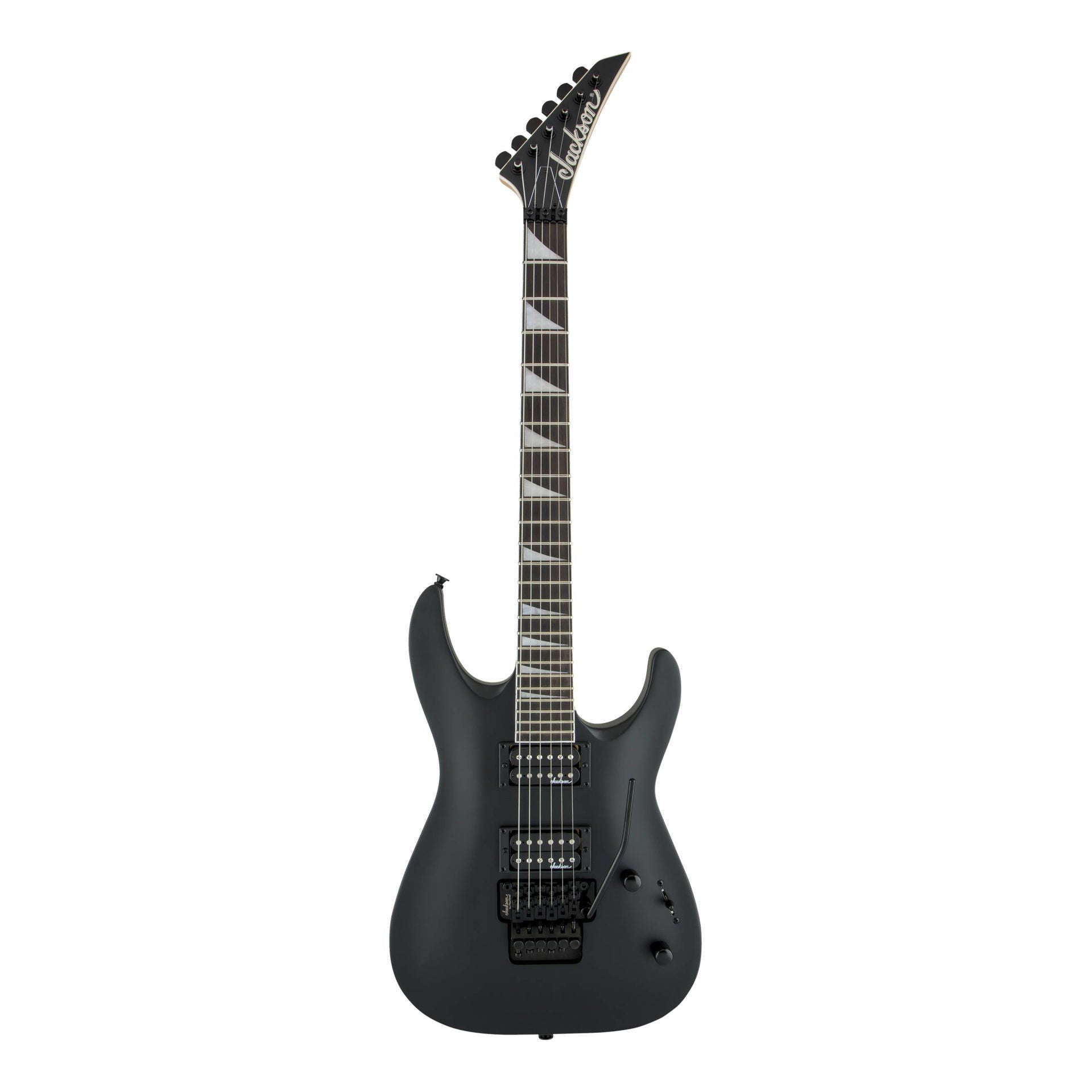 Jackson JS Dinky Arch Top JS32 DKA electric guitar with amaranth fingerboard and black finish, showcasing the sleek design and hardware.