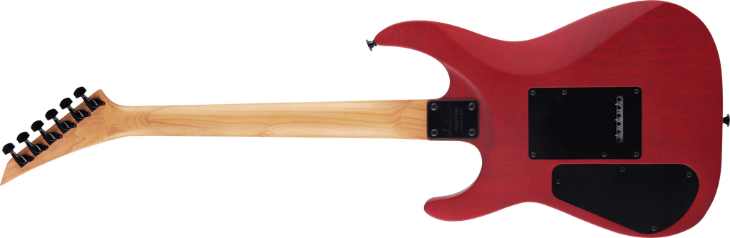 Jackson JS24 Dinky arch top electric guitar in red stain, showcasing its sleek body, pickups, and modern design.