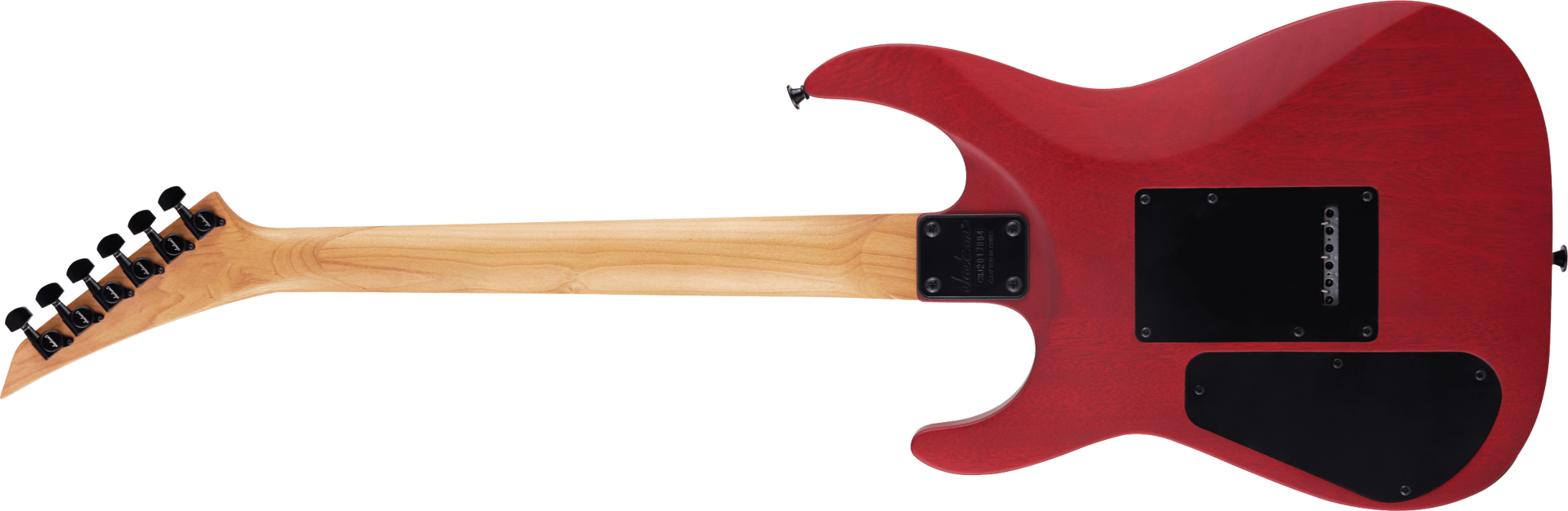 Jackson JS24 Dinky arch top electric guitar in red stain, showcasing its sleek body, pickups, and modern design.