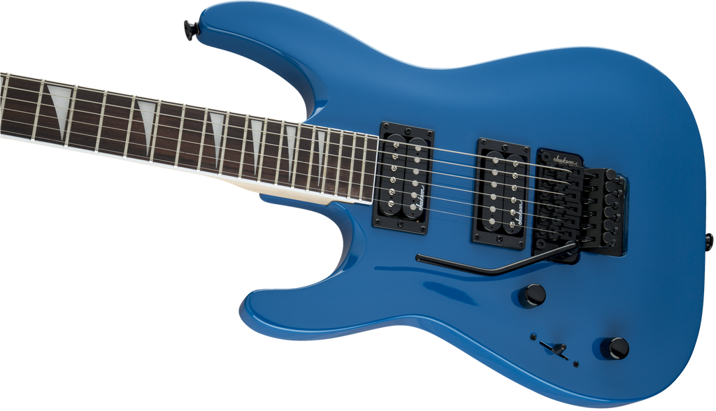 Jackson JS Series Dinky JS32 DKA LH electric guitar with bright blue finish and amaranth fingerboard, showcasing its sleek arch top design.