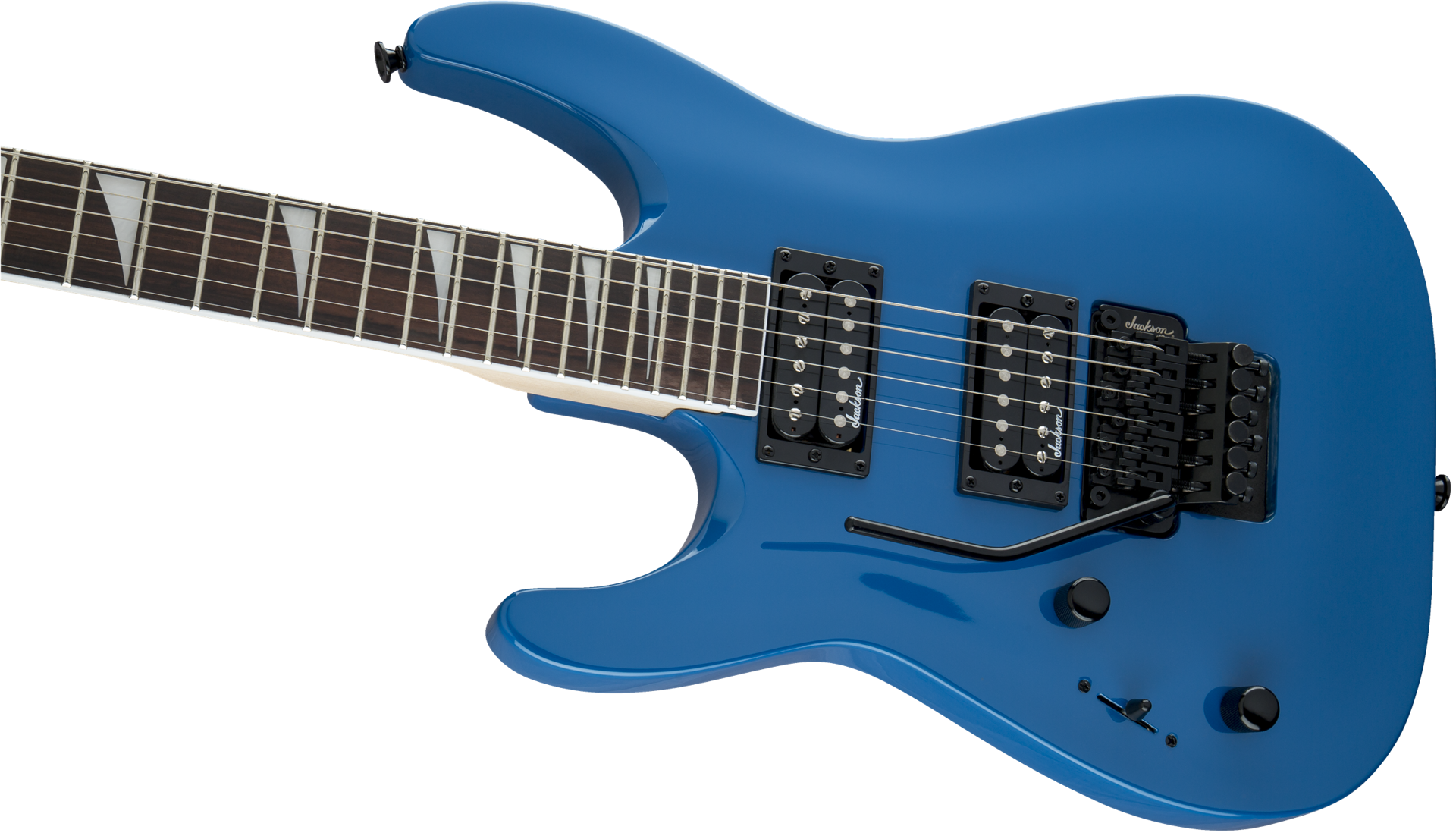 Jackson JS Series Dinky JS32 DKA LH electric guitar with bright blue finish and amaranth fingerboard, showcasing its sleek arch top design.