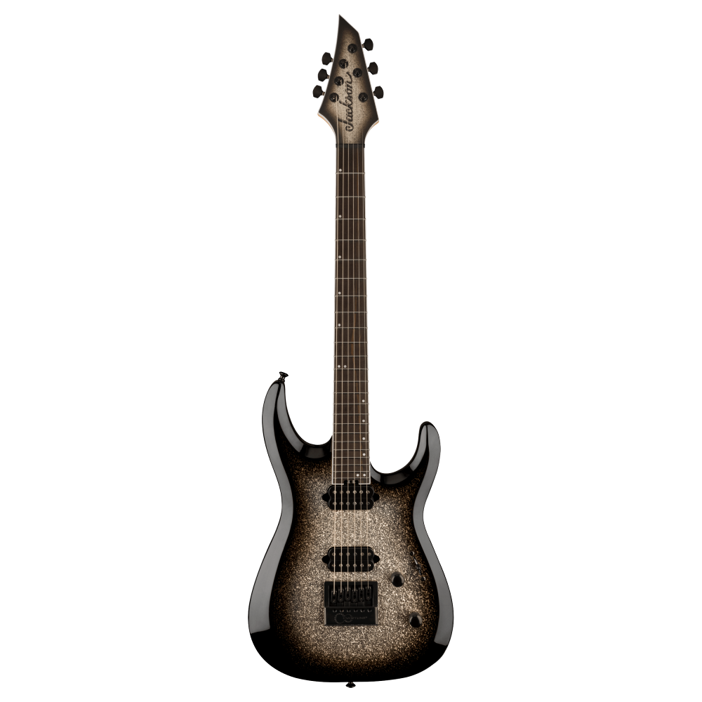 Jackson Pro Plus Series Dinky Modern Evertune 6-string electric guitar in silver sparkle finish with sleek design.