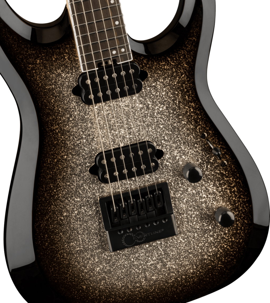 Jackson Pro Plus Series Dinky Modern Evertune 6-string electric guitar in silver sparkle finish, with sleek body and modern design.
