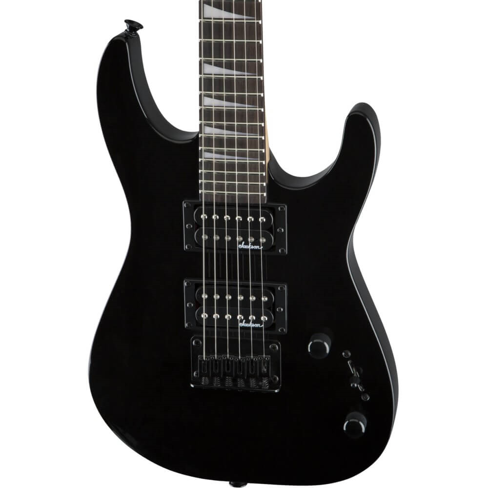Jackson JS Series Dinky Minion JS1X electric guitar with glossy black finish and amaranth fretboard, showcasing its sleek design.