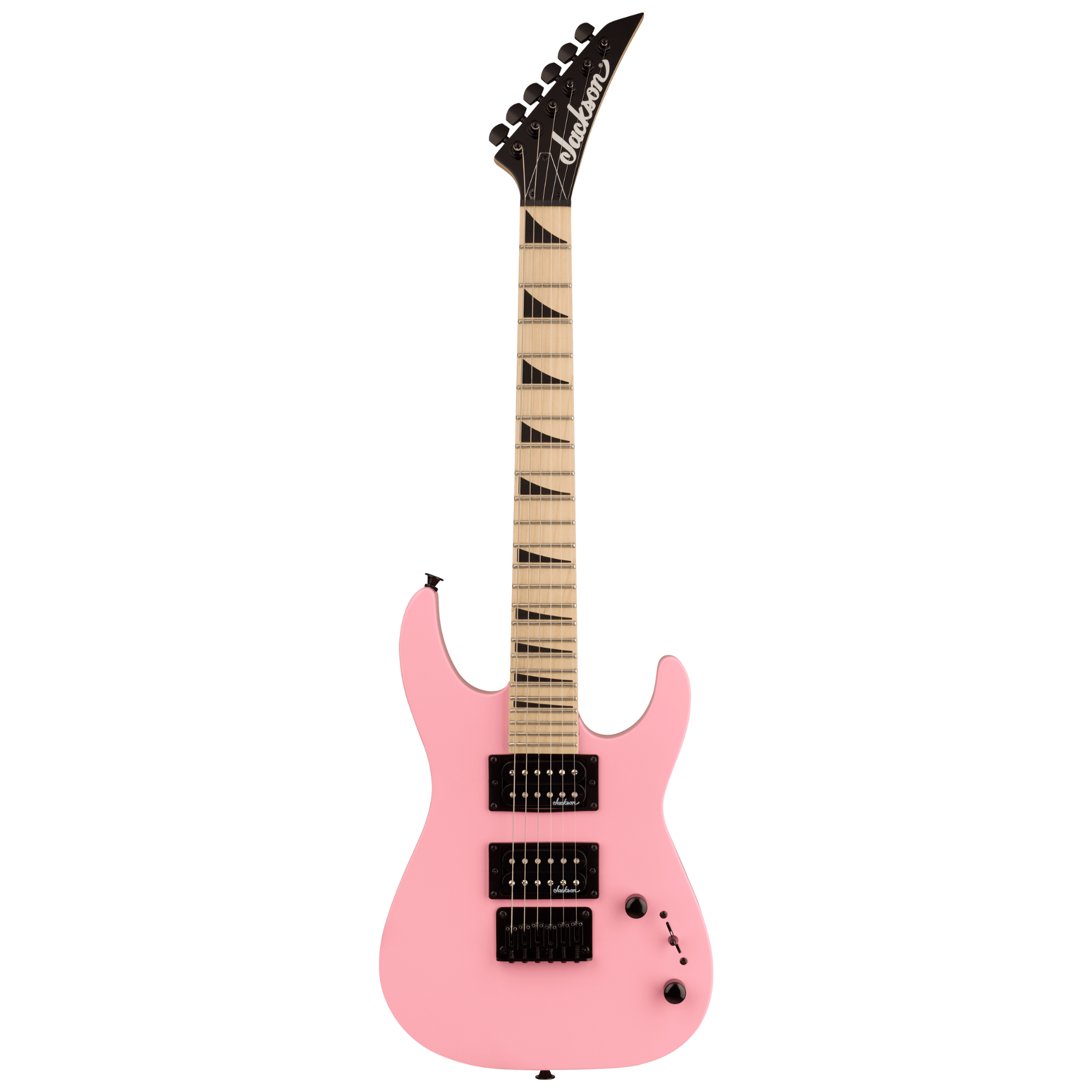Jackson JS Series Dinky Minion JS1XM electric guitar in Bubble Gum Pink with maple fingerboard, compact and vibrant guitar for young players.