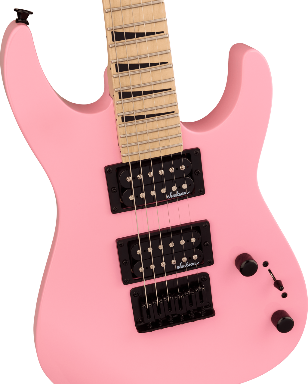 Jackson JS Series Dinky Minion JS1XM electric guitar in Bubble Gum Pink with maple fretboard and compact design.