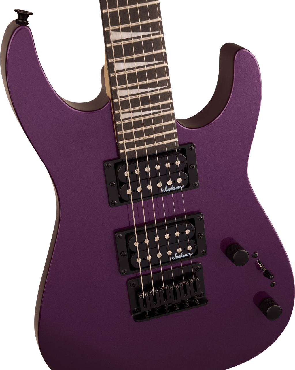 Jackson JS Series Dinky Minion JS1X electric guitar in Pavo Purple with amaranth fingerboard, lightweight and compact for versatile playing.