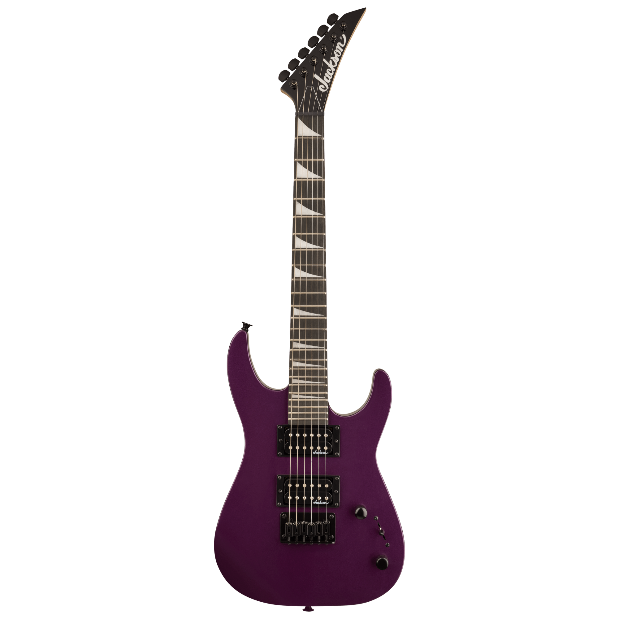 Jackson JS Series Dinky Minion JS1X electric guitar in Pavo Purple with amaranth fingerboard, compact and lightweight guitar for versatile playing.
