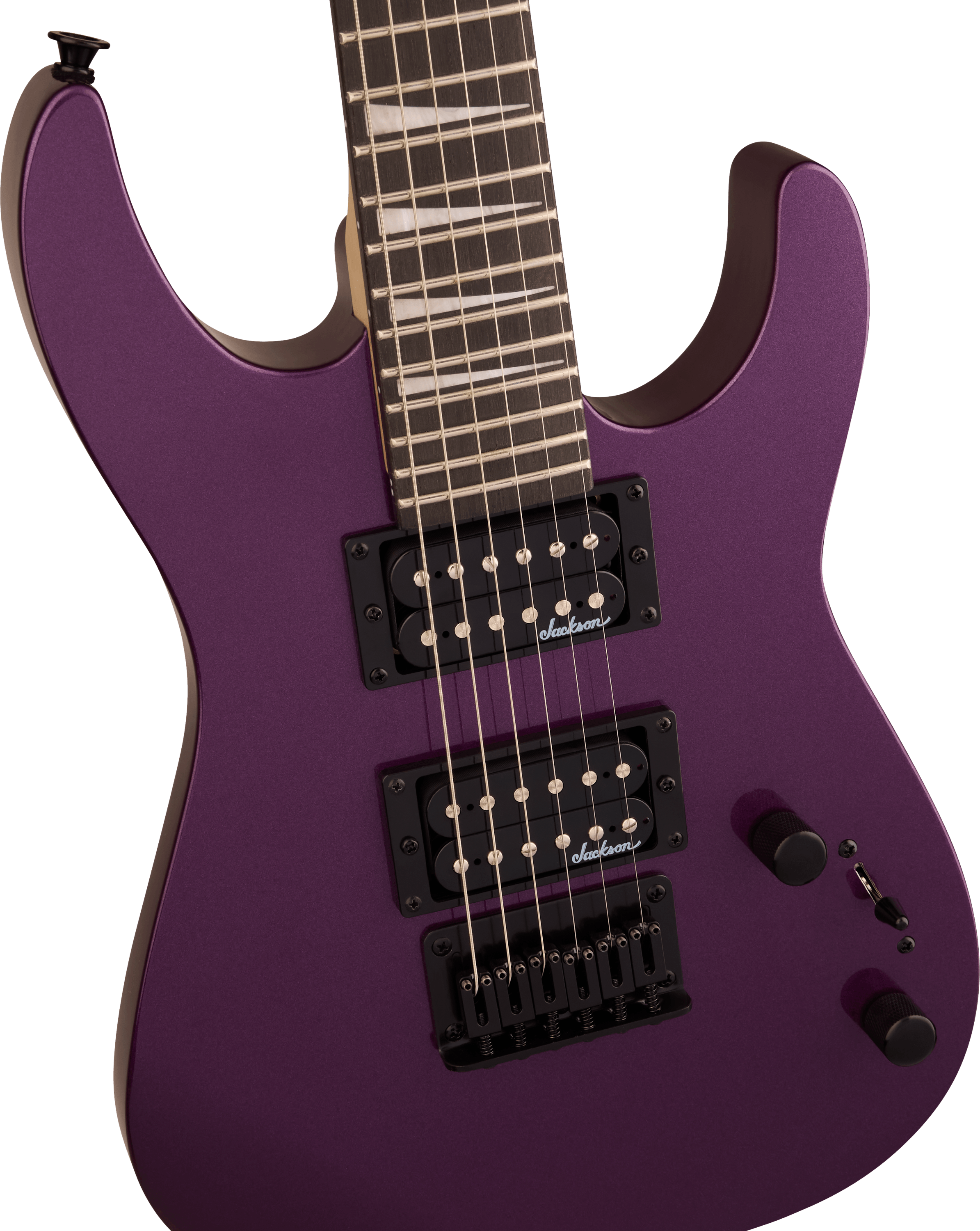 Jackson JS Series Dinky Minion JS1X electric guitar in Amaranth FB Pavo Purple with a sleek, compact body and rosewood fingerboard.
