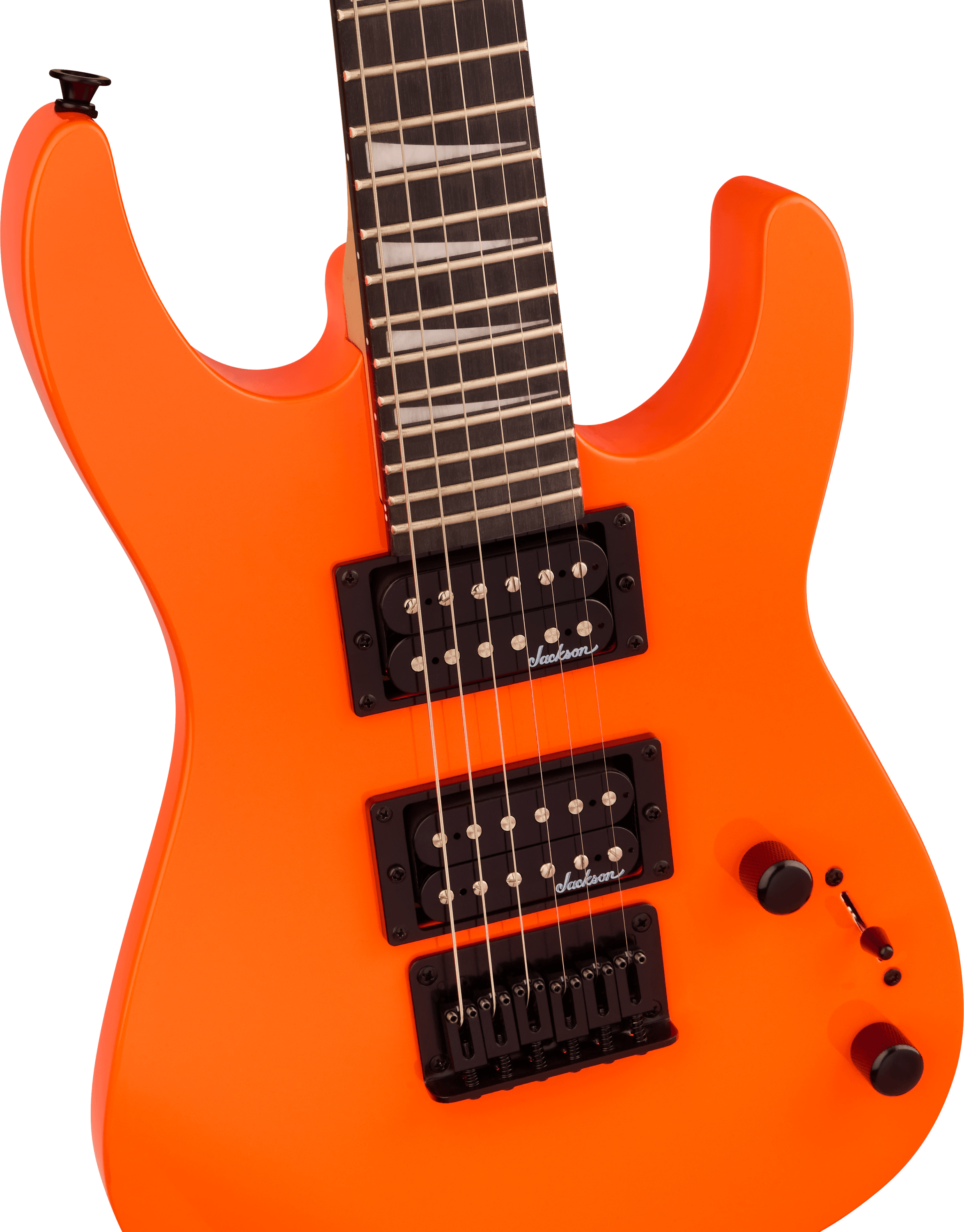 Jackson JS Series Dinky Minion JS1X electric guitar in Amaranth FB Safety Orange, showing the sleek body and hardware details.