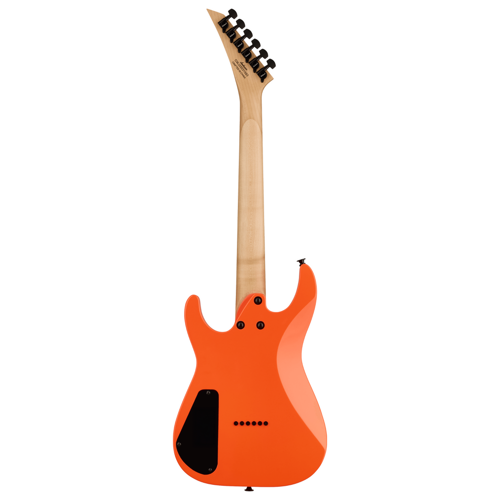 Jackson JS Series Dinky Minion JS1X electric guitar in Amaranth Fireburst with Safety Orange finish, featuring a sleek, compact design.