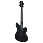 Jackson JS Series Surfcaster JS22 HT electric guitar in glossy black with a sleek body, maple neck, and dual humbucker pickups.