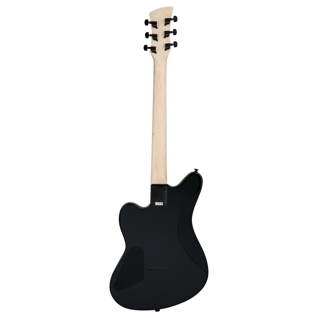 Jackson JS Series Surfcaster JS22 HT electric guitar in glossy black with a sleek body and modern double-cutaway design.