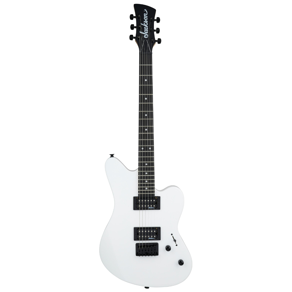 Jackson JS Series Surfcaster JS22 HT electric guitar in Snow White with white pickguard and maple neck, resting on a stand.