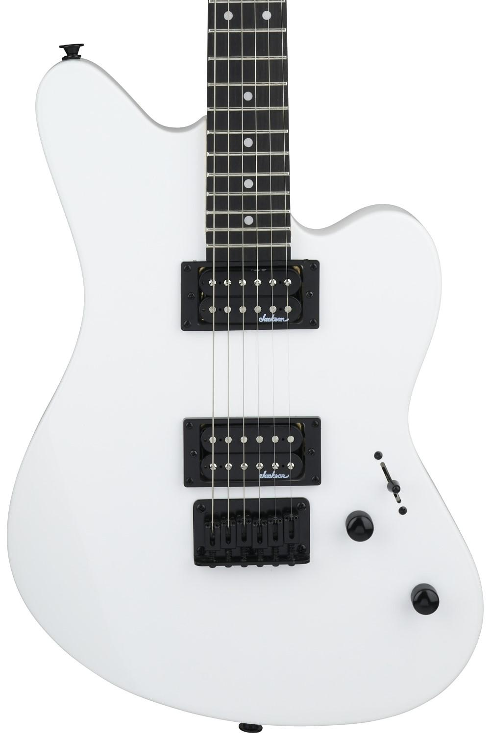 Jackson JS Series Surfcaster JS22 HT electric guitar in snow white with a sleek body and chrome hardware, showcasing its stylish design.