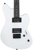 Jackson JS Series Surfcaster JS22 HT electric guitar in snow white with a sleek body and chrome hardware, showcasing its stylish design.